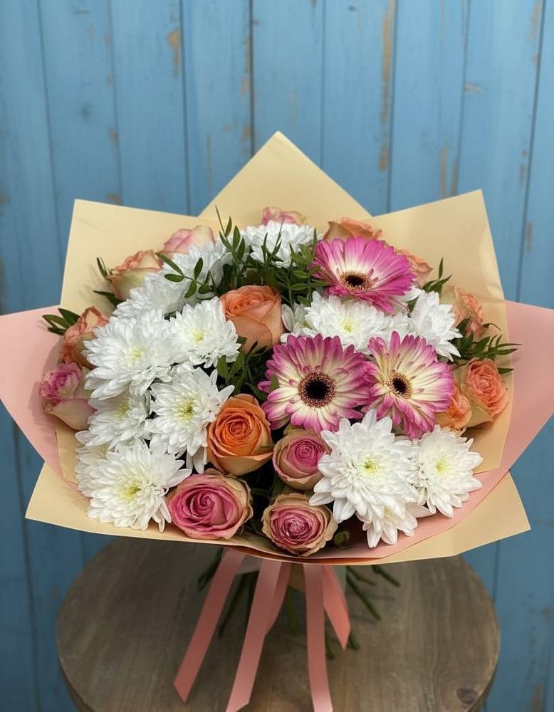 Букет цветов из: Розы, Герберы и Хризантемы в Очере
