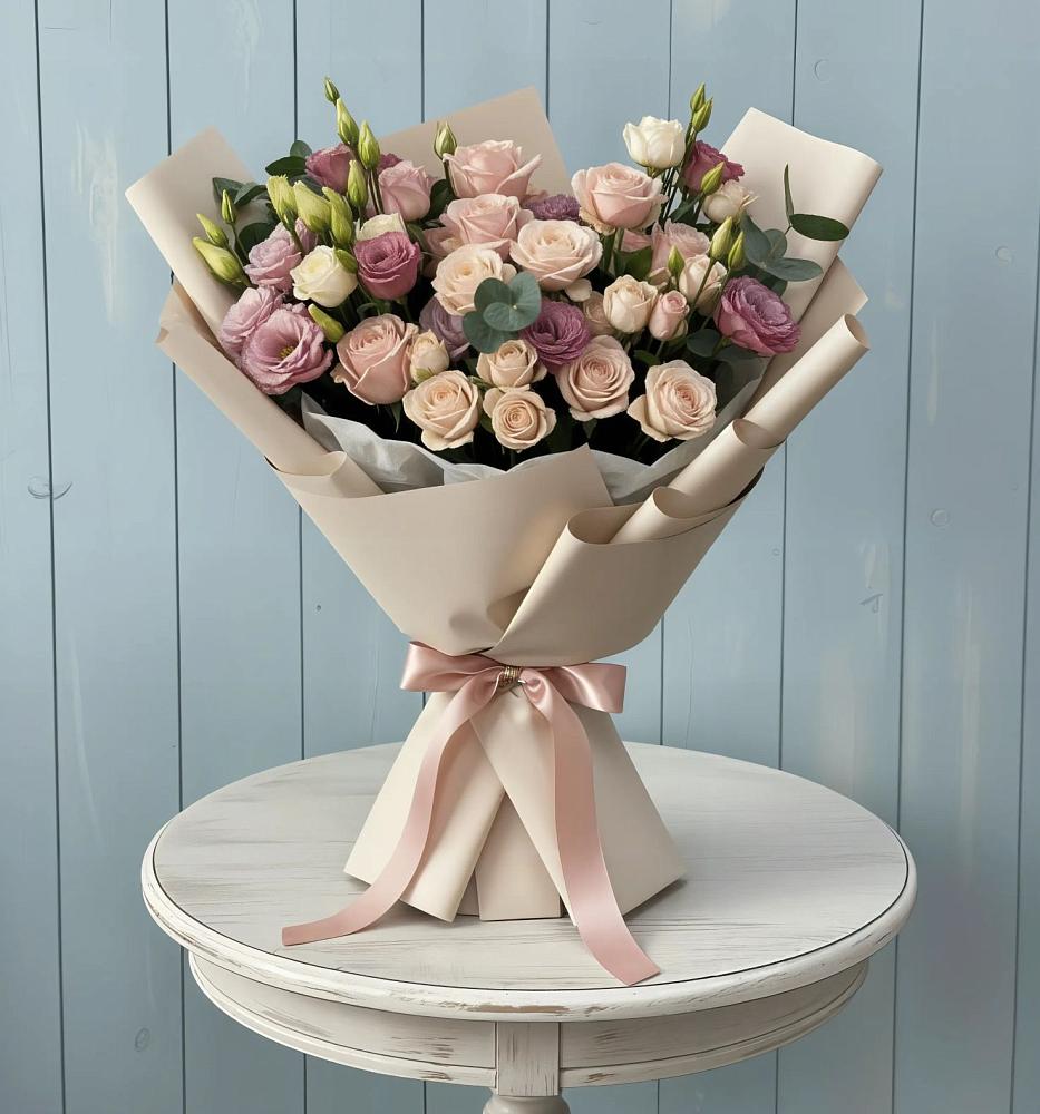 Букет цветов из: Розы и Лизиантусы в Очере