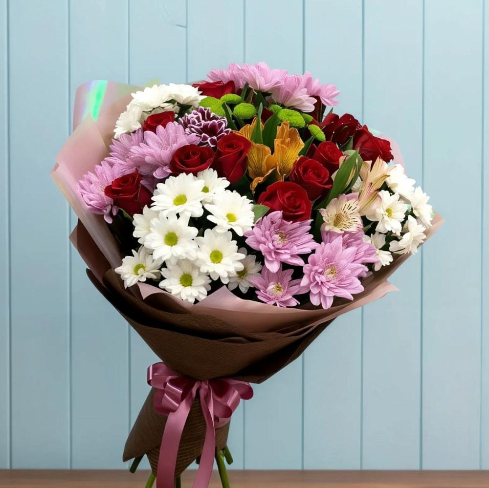 Букет цветов из: Розы, Хризантемы и Альстромерии в Очере