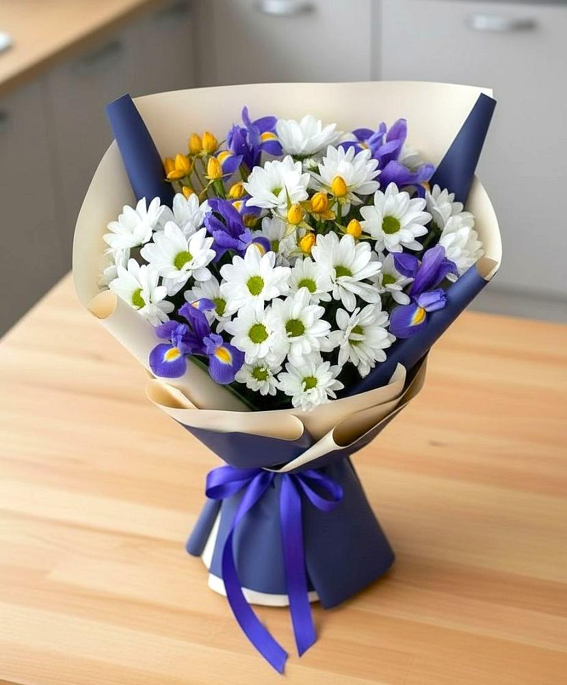 Букет цветов из: Розы, Ирисы и Хризантемы в Очере