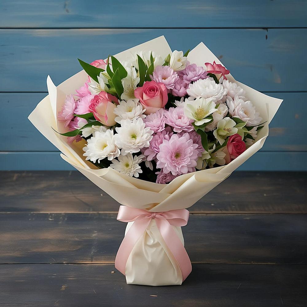 Букет цветов из: Хризантемы, Альстромерии и Розы в Очере